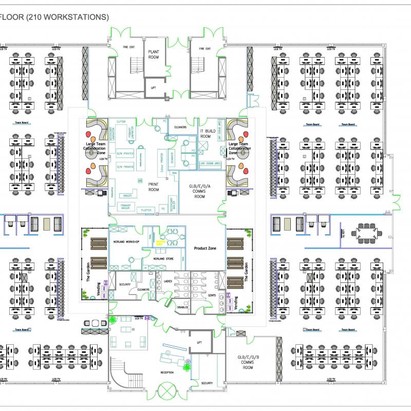 Drawing of floor layout showing desks, meeting rooms, collaboration areas etc